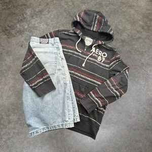 Aeropostale Vintage Y2K Striped Zip Up Hoodie Aero 87 Mens XXL Charcoal Red